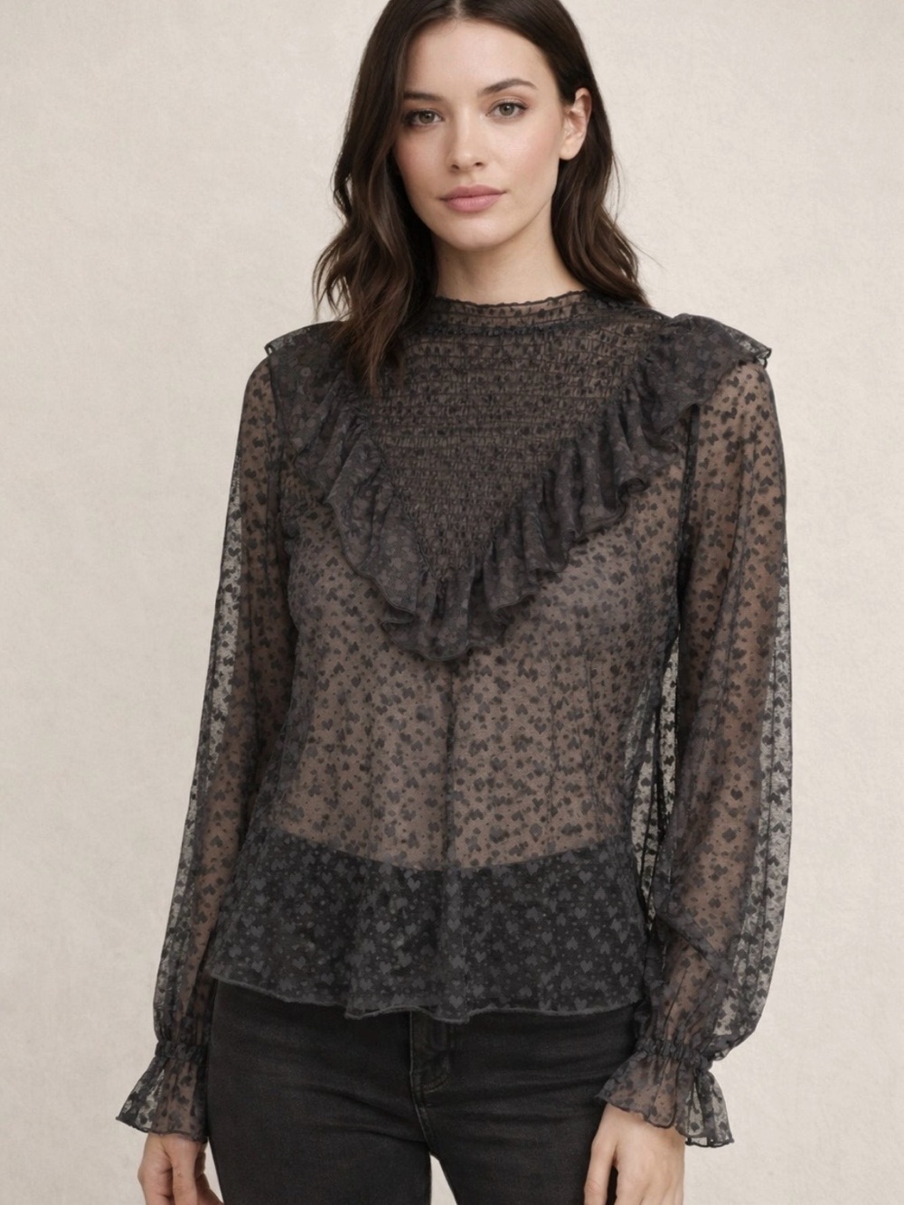 Maeve by Anthropologie Black Long Sleeve Sheer-Mesh Tunic Top Size M